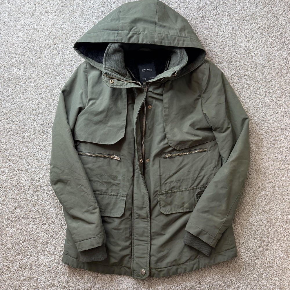 Zara Basic Coat Womens XS Green Canvas Parka Hooded Lined Full Zip Pockets